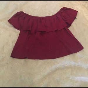 FOREVER21 satin off-shoulder flounce crop top